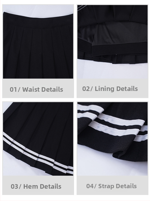 Klostuotas sijonas su aukštu juosmeniu, trumpas ilgis, elastinė juosta, koledžo stilius, poliesteris