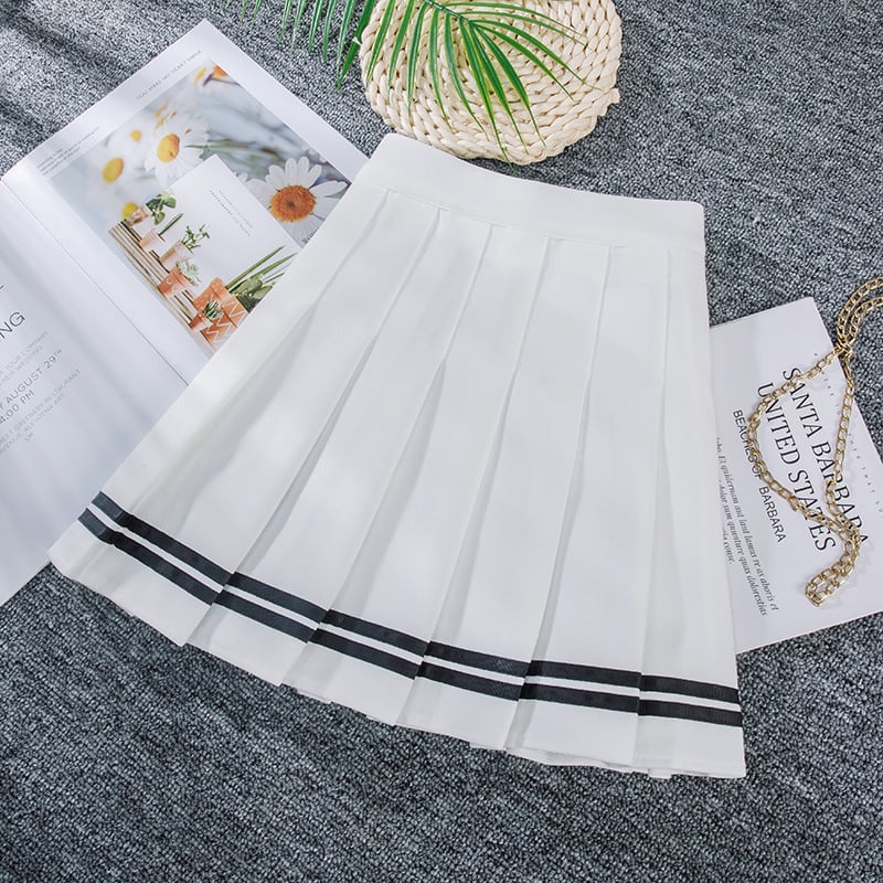 Klostuotas sijonas su aukštu juosmeniu, trumpas ilgis, elastinė juosta, koledžo stilius, poliesteris