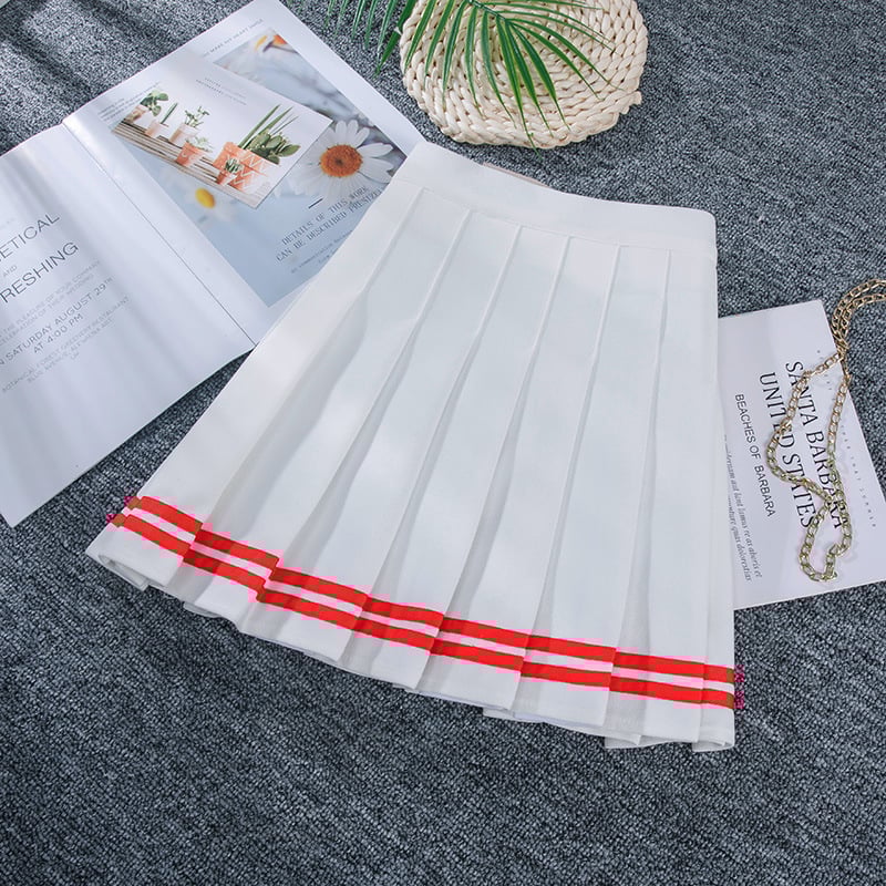 Klostuotas sijonas su aukštu juosmeniu, trumpas ilgis, elastinė juosta, koledžo stilius, poliesteris