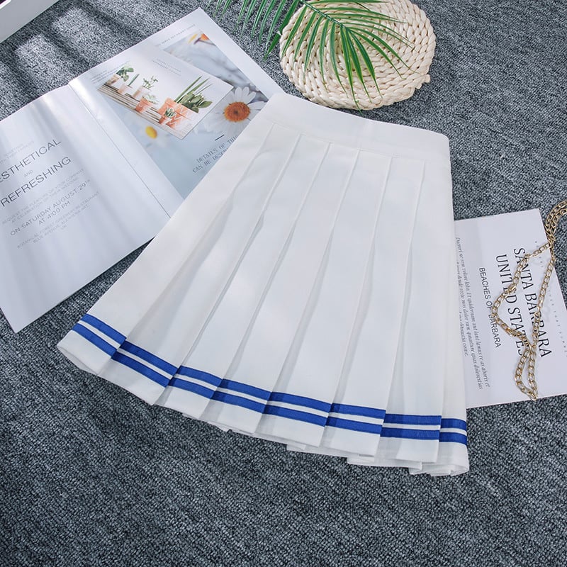 Klostuotas sijonas su aukštu juosmeniu, trumpas ilgis, elastinė juosta, koledžo stilius, poliesteris