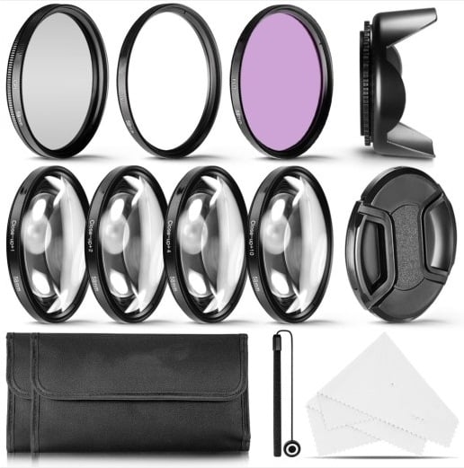 DSLR objektīva filtru komplekts, 15-in-1; 0,45x platleņķa; makro tuvplāna objektīvs; daudzslāņu UV pārklājums; saderīgs ar bajonetu diametriem 52–82 mm