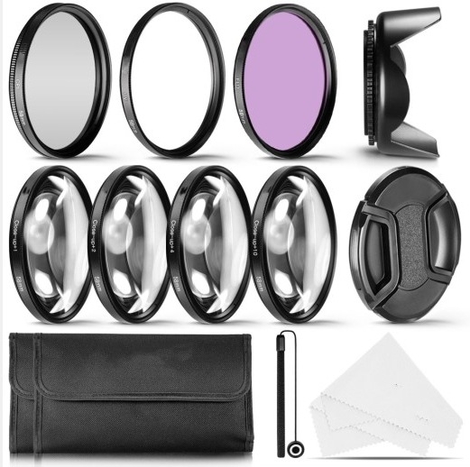DSLR objektīva filtru komplekts, 15-in-1; 0,45x platleņķa; makro tuvplāna objektīvs; daudzslāņu UV pārklājums; saderīgs ar bajonetu diametriem 52–82 mm