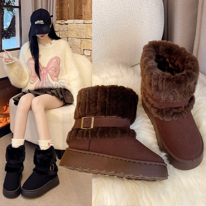 Női téli hócsizma, plüss béléses, magas szárú, slip-on, kerek orr, gumitalp