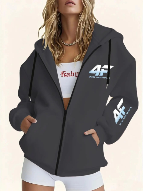 Sievietes viegla kapucēta jaka ar rāvējslēdzēju, džakarda poliesters, brīvs piegriezums, parastā garums, garas piedurknes