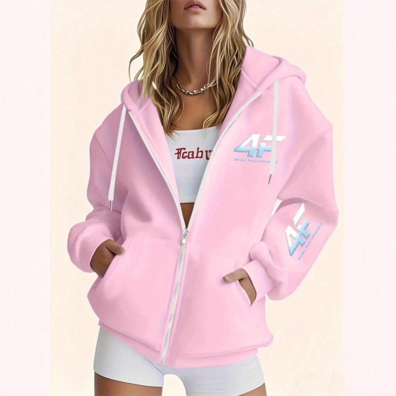 Sievietes viegla kapucēta jaka ar rāvējslēdzēju, džakarda poliesters, brīvs piegriezums, parastā garums, garas piedurknes