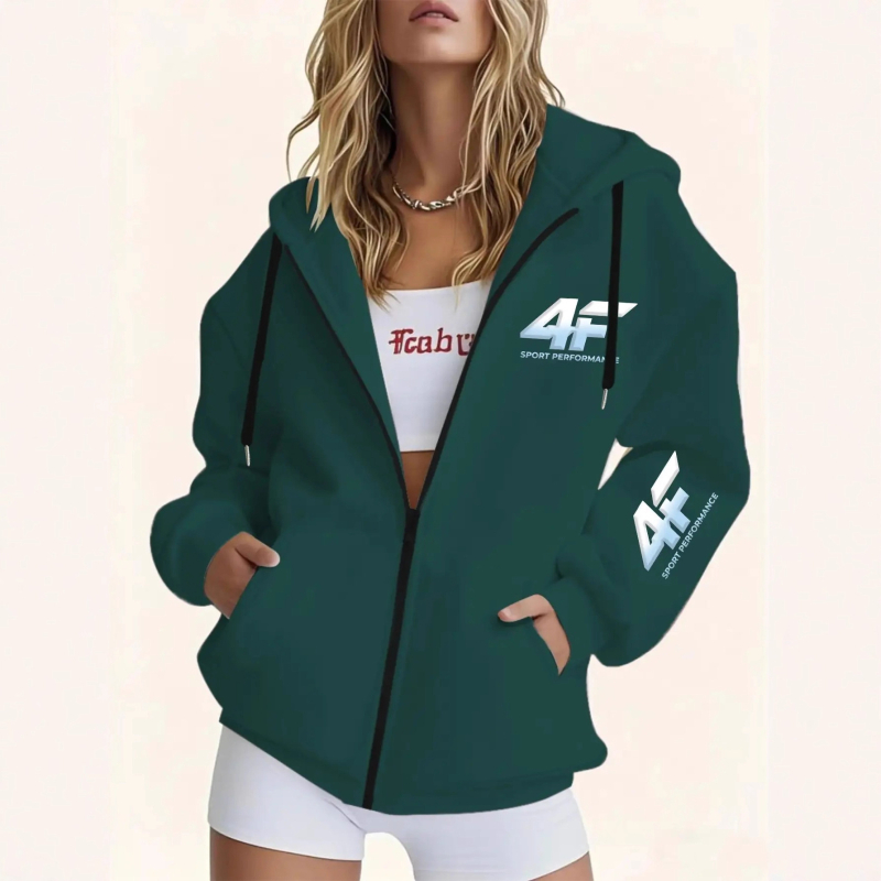 Sievietes viegla kapucēta jaka ar rāvējslēdzēju, džakarda poliesters, brīvs piegriezums, parastā garums, garas piedurknes