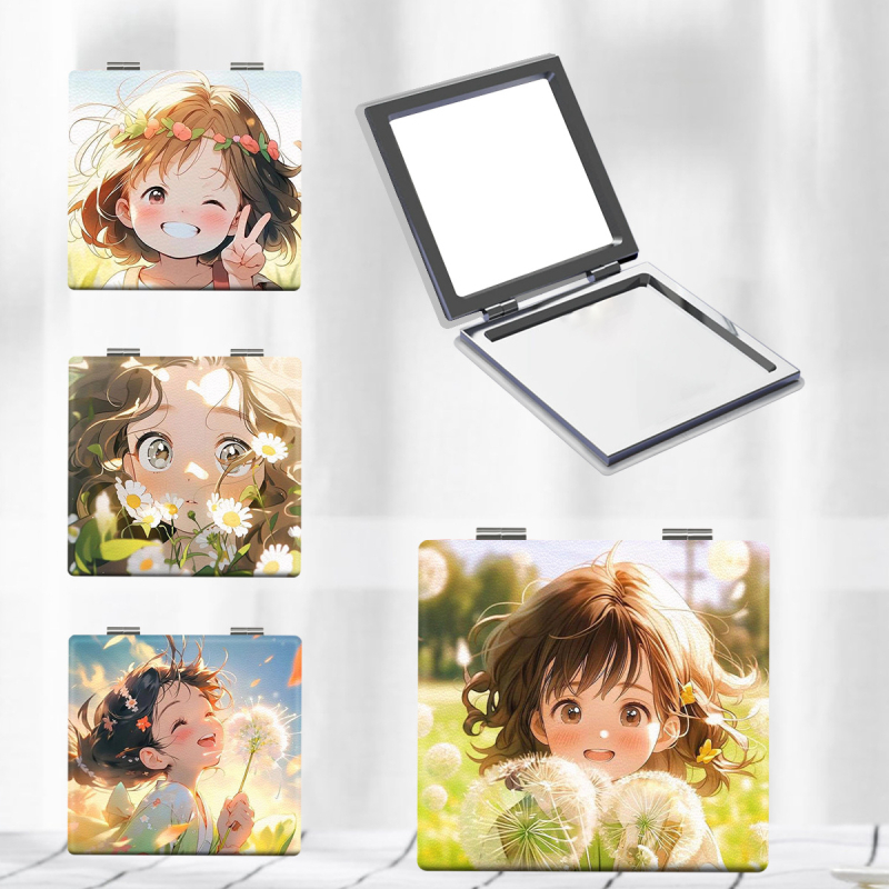 Salokāms kosmētikas spogulis ar anime varoņu dizainu, pārnēsājams un HD atspoguļojums; rāmis PU/PS/PVC, spogļa lēca PC stikls; nav elektrisks, logotipa drukāšana un personalizācija pieejama