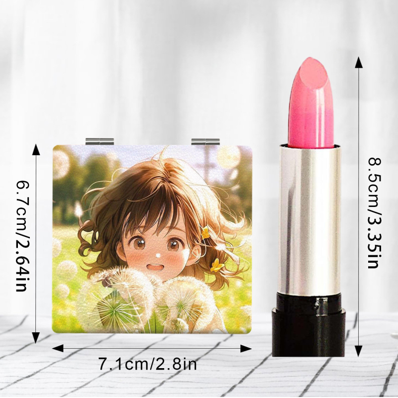 Salokāms kosmētikas spogulis ar anime varoņu dizainu, pārnēsājams un HD atspoguļojums; rāmis PU/PS/PVC, spogļa lēca PC stikls; nav elektrisks, logotipa drukāšana un personalizācija pieejama