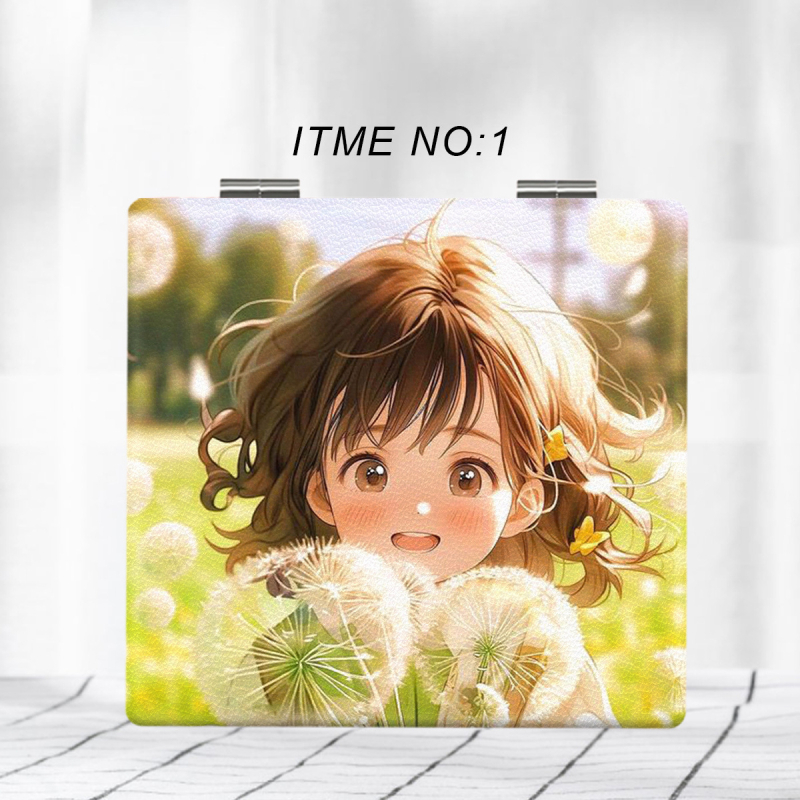 Salokāms kosmētikas spogulis ar anime varoņu dizainu, pārnēsājams un HD atspoguļojums; rāmis PU/PS/PVC, spogļa lēca PC stikls; nav elektrisks, logotipa drukāšana un personalizācija pieejama