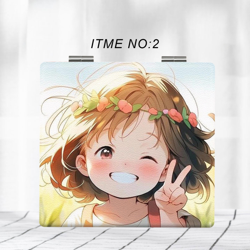 Salokāms kosmētikas spogulis ar anime varoņu dizainu, pārnēsājams un HD atspoguļojums; rāmis PU/PS/PVC, spogļa lēca PC stikls; nav elektrisks, logotipa drukāšana un personalizācija pieejama