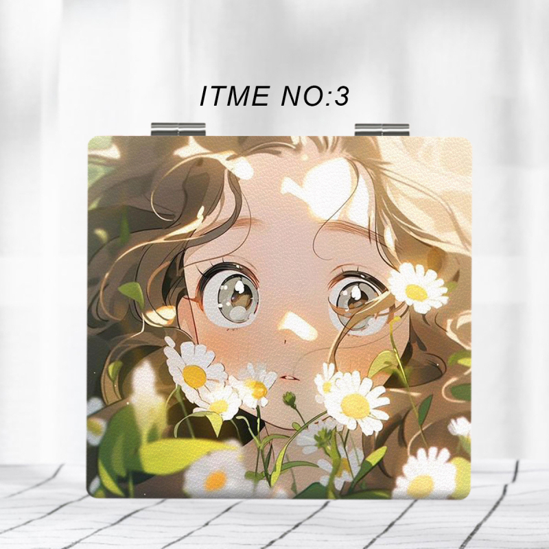 Salokāms kosmētikas spogulis ar anime varoņu dizainu, pārnēsājams un HD atspoguļojums; rāmis PU/PS/PVC, spogļa lēca PC stikls; nav elektrisks, logotipa drukāšana un personalizācija pieejama