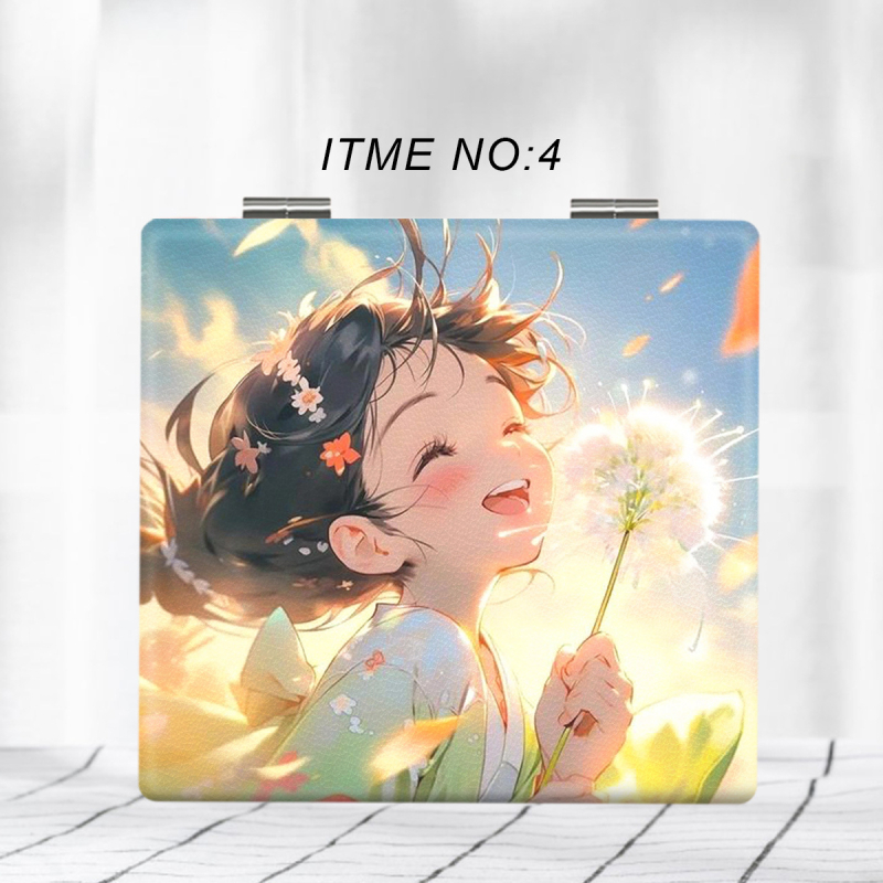 Salokāms kosmētikas spogulis ar anime varoņu dizainu, pārnēsājams un HD atspoguļojums; rāmis PU/PS/PVC, spogļa lēca PC stikls; nav elektrisks, logotipa drukāšana un personalizācija pieejama