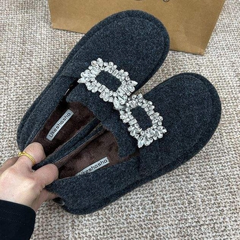 Γυναικείοι loafers με 7 εκ. αύξηση ύψους, χοντρή σόλα, τετράγωνο κούμπωμα με στρας, γούνινη επένδυση, slip-on, για άνοιξη
