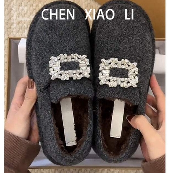 Γυναικείοι loafers με 7 εκ. αύξηση ύψους, χοντρή σόλα, τετράγωνο κούμπωμα με στρας, γούνινη επένδυση, slip-on, για άνοιξη