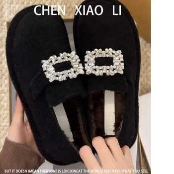 Γυναικείοι loafers με 7 εκ. αύξηση ύψους, χοντρή σόλα, τετράγωνο κούμπωμα με στρας, γούνινη επένδυση, slip-on, για άνοιξη