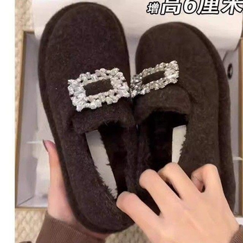 Γυναικείοι loafers με 7 εκ. αύξηση ύψους, χοντρή σόλα, τετράγωνο κούμπωμα με στρας, γούνινη επένδυση, slip-on, για άνοιξη