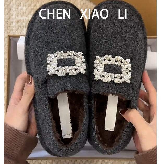 Γυναικείοι loafers με 7 εκ. αύξηση ύψους, χοντρή σόλα, τετράγωνο κούμπωμα με στρας, γούνινη επένδυση, slip-on, για άνοιξη