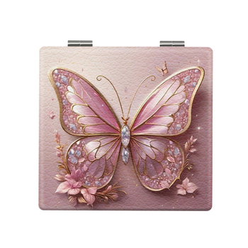 Сгъваемо козметично огледало с мотив Beautiful Butterfly, PU кожена рамка, корпус от неръждаема стомана, PC стъклена леща, печат на лого, възможност за персонализиране