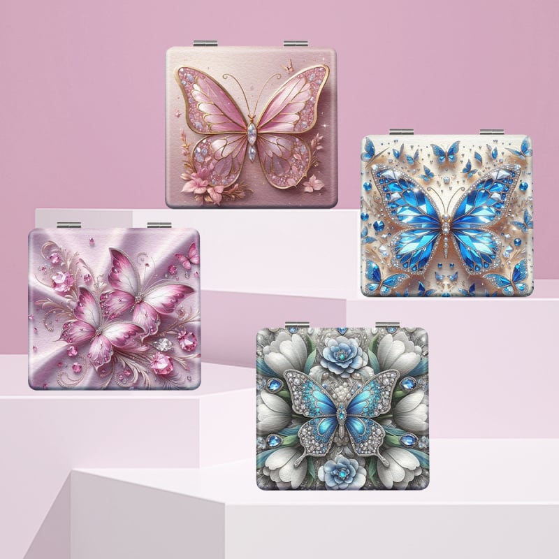 Savilktā kosmētikas spogulis ar motīvu Beautiful Butterfly, PU ādas rāmis, nerūsējošā tērauda korpuss, PC stikla lēca, logotipa drukāšana un pielāgošana pieejama