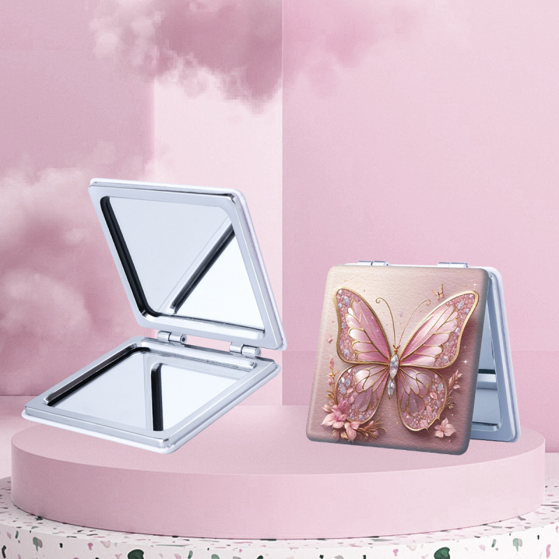 Savilktā kosmētikas spogulis ar motīvu Beautiful Butterfly, PU ādas rāmis, nerūsējošā tērauda korpuss, PC stikla lēca, logotipa drukāšana un pielāgošana pieejama
