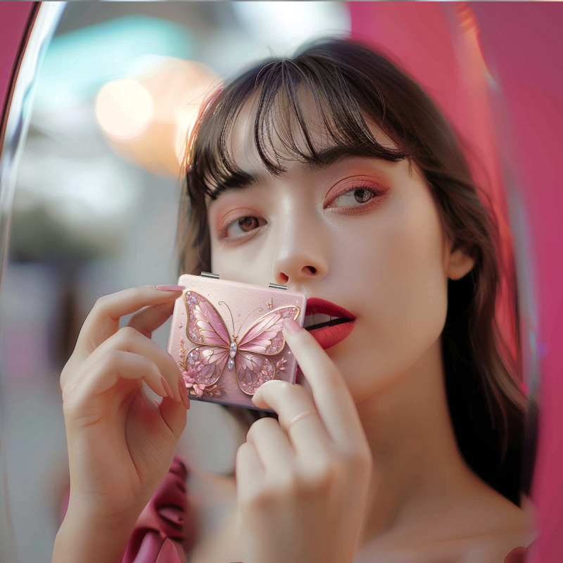 Savilktā kosmētikas spogulis ar motīvu Beautiful Butterfly, PU ādas rāmis, nerūsējošā tērauda korpuss, PC stikla lēca, logotipa drukāšana un pielāgošana pieejama