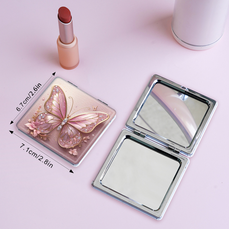 Savilktā kosmētikas spogulis ar motīvu Beautiful Butterfly, PU ādas rāmis, nerūsējošā tērauda korpuss, PC stikla lēca, logotipa drukāšana un pielāgošana pieejama