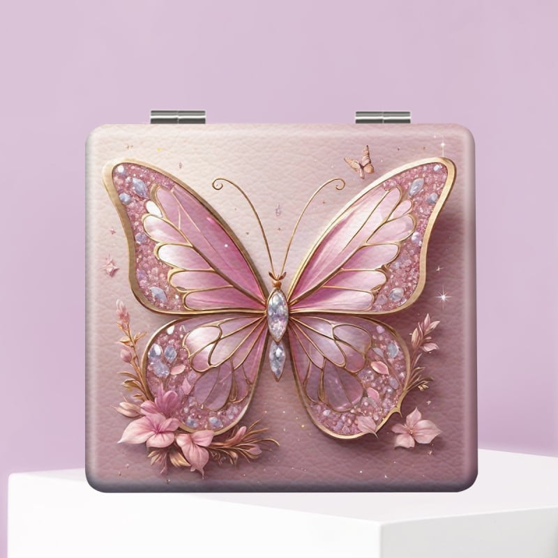 Savilktā kosmētikas spogulis ar motīvu Beautiful Butterfly, PU ādas rāmis, nerūsējošā tērauda korpuss, PC stikla lēca, logotipa drukāšana un pielāgošana pieejama