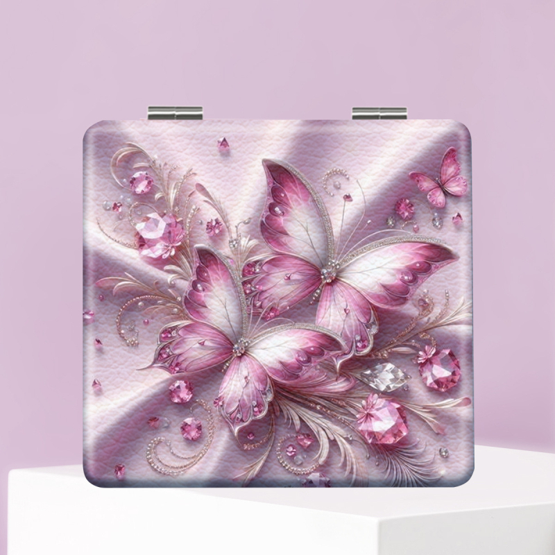 Savilktā kosmētikas spogulis ar motīvu Beautiful Butterfly, PU ādas rāmis, nerūsējošā tērauda korpuss, PC stikla lēca, logotipa drukāšana un pielāgošana pieejama