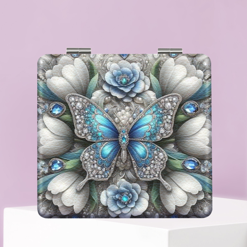Savilktā kosmētikas spogulis ar motīvu Beautiful Butterfly, PU ādas rāmis, nerūsējošā tērauda korpuss, PC stikla lēca, logotipa drukāšana un pielāgošana pieejama