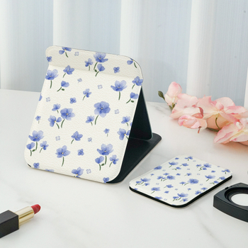 Oglindă de machiaj pliabilă, oglindă de birou cu două fețe, cu logo imprimat, ramă PU/PS/PVC