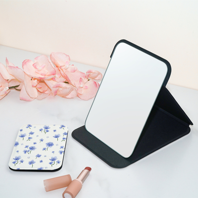 Oglindă de machiaj pliabilă, oglindă de birou cu două fețe, cu logo imprimat, ramă PU/PS/PVC