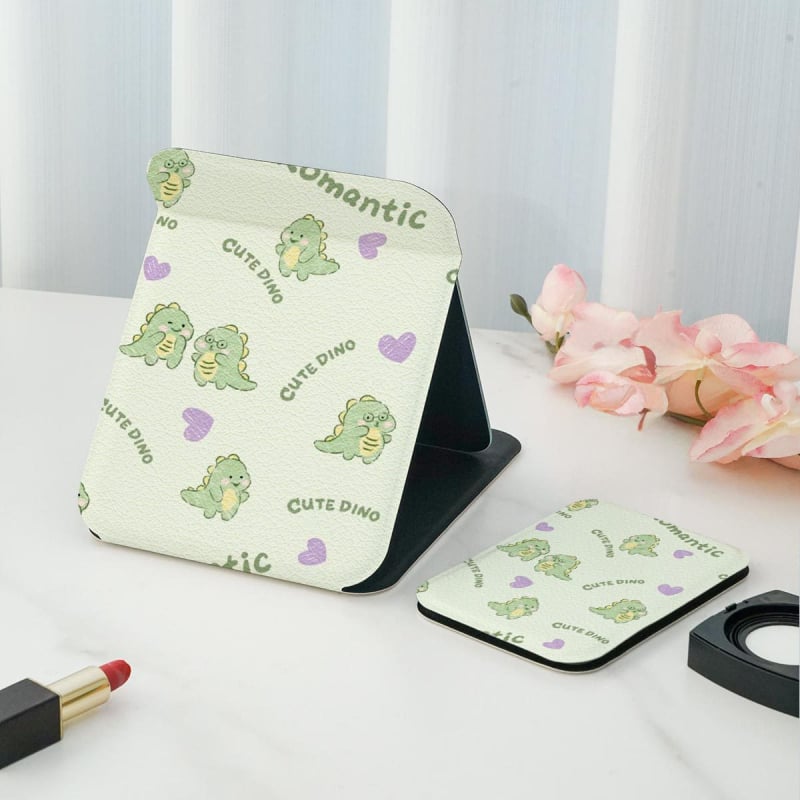 Oglindă de machiaj pliabilă, oglindă de birou cu două fețe, cu logo imprimat, ramă PU/PS/PVC