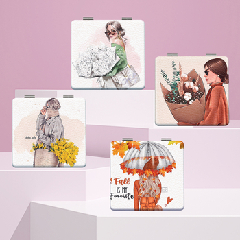 Saliekams kosmētikas spogulis, pārnēsājams kompakts dizains, PU ādas rāmis, PC stikla spogulis, logotipa drukāšana pieejama