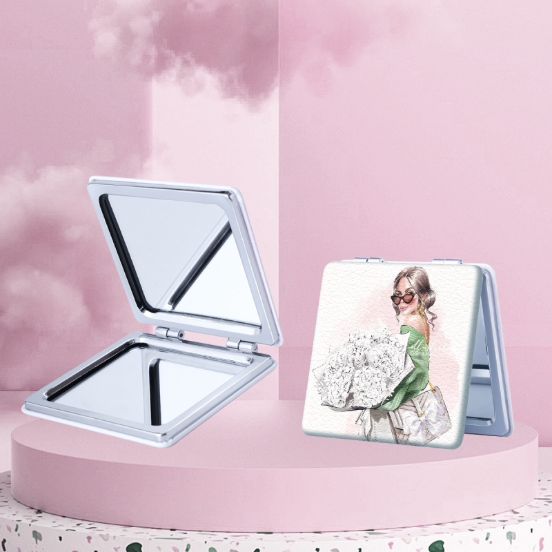 Saliekams kosmētikas spogulis, pārnēsājams kompakts dizains, PU ādas rāmis, PC stikla spogulis, logotipa drukāšana pieejama