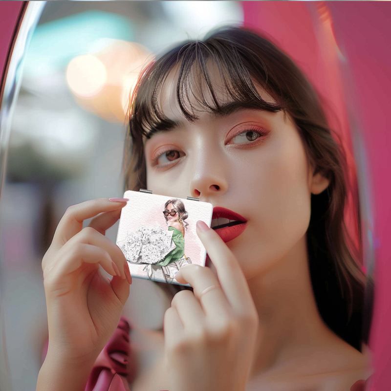 Saliekams kosmētikas spogulis, pārnēsājams kompakts dizains, PU ādas rāmis, PC stikla spogulis, logotipa drukāšana pieejama