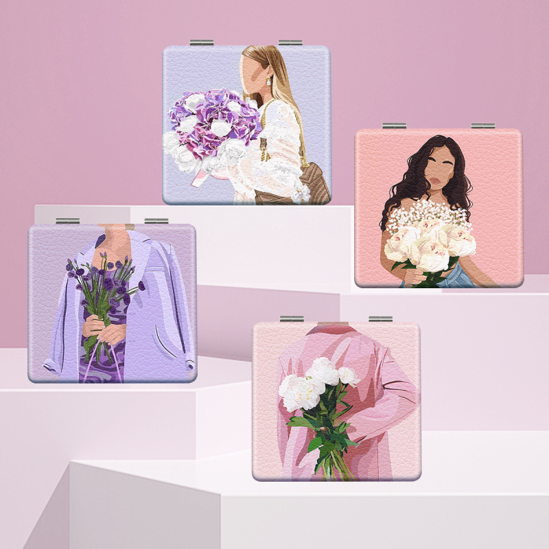 Oglindă de makeup pliabilă, portabilă, din seria Women's World, design desen animat; ramă din PU piele/PS/PVC; material complet PU piele, oțel inoxidabil, sticlă PC; imprimare logo și personalizare.