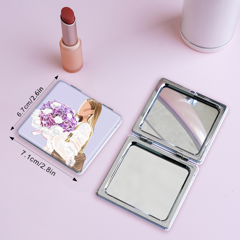 Oglindă de makeup pliabilă, portabilă, din seria Women's World, design desen animat; ramă din PU piele/PS/PVC; material complet PU piele, oțel inoxidabil, sticlă PC; imprimare logo și personalizare.