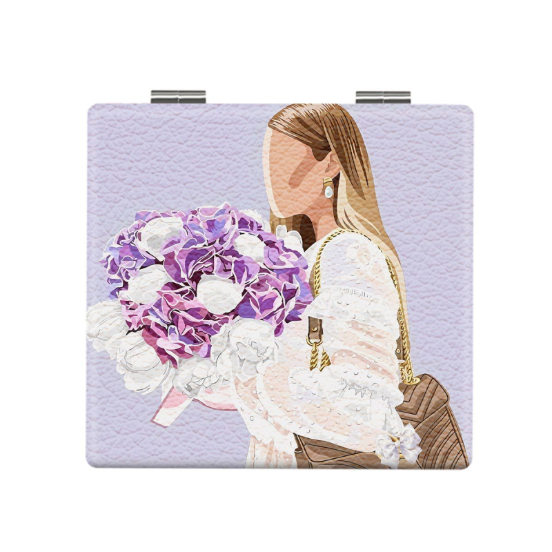 Oglindă de makeup pliabilă, portabilă, din seria Women's World, design desen animat; ramă din PU piele/PS/PVC; material complet PU piele, oțel inoxidabil, sticlă PC; imprimare logo și personalizare.