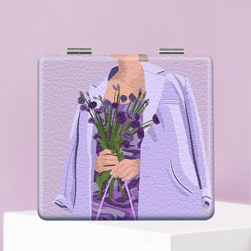 Oglindă de makeup pliabilă, portabilă, din seria Women's World, design desen animat; ramă din PU piele/PS/PVC; material complet PU piele, oțel inoxidabil, sticlă PC; imprimare logo și personalizare.
