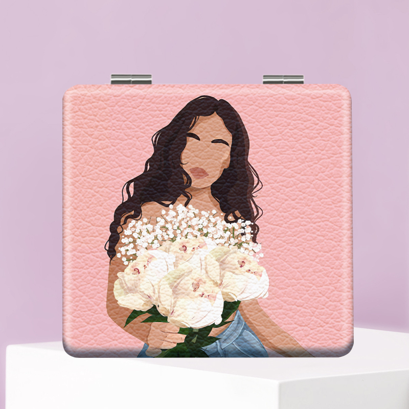 Oglindă de makeup pliabilă, portabilă, din seria Women's World, design desen animat; ramă din PU piele/PS/PVC; material complet PU piele, oțel inoxidabil, sticlă PC; imprimare logo și personalizare.
