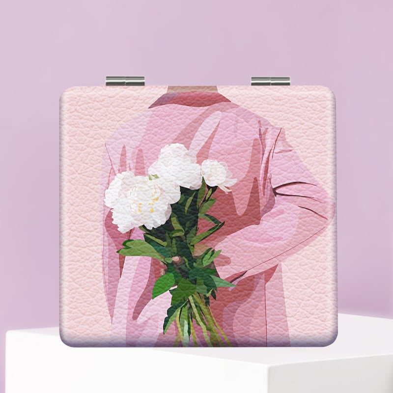 Oglindă de makeup pliabilă, portabilă, din seria Women's World, design desen animat; ramă din PU piele/PS/PVC; material complet PU piele, oțel inoxidabil, sticlă PC; imprimare logo și personalizare.