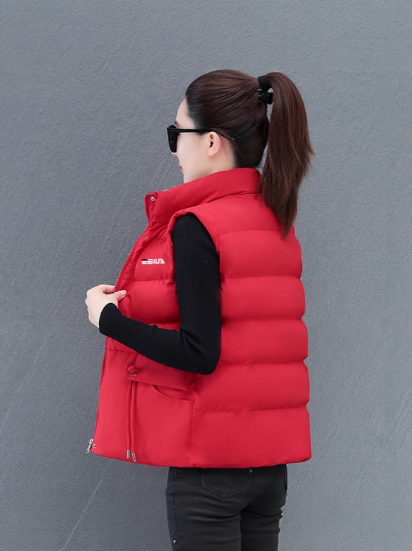 Ženski prsluk s pamukom punjenjem, poliester materijal, stojeći ovratnik, srednja duljina