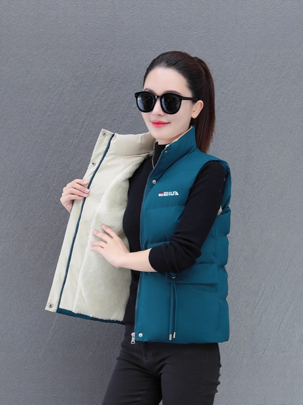 Ženski prsluk s pamukom punjenjem, poliester materijal, stojeći ovratnik, srednja duljina