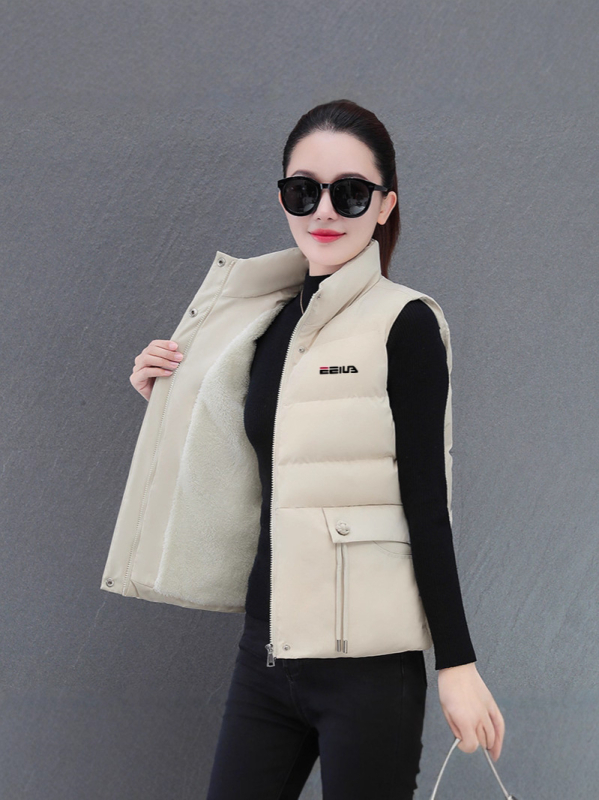 Ženski prsluk s pamukom punjenjem, poliester materijal, stojeći ovratnik, srednja duljina