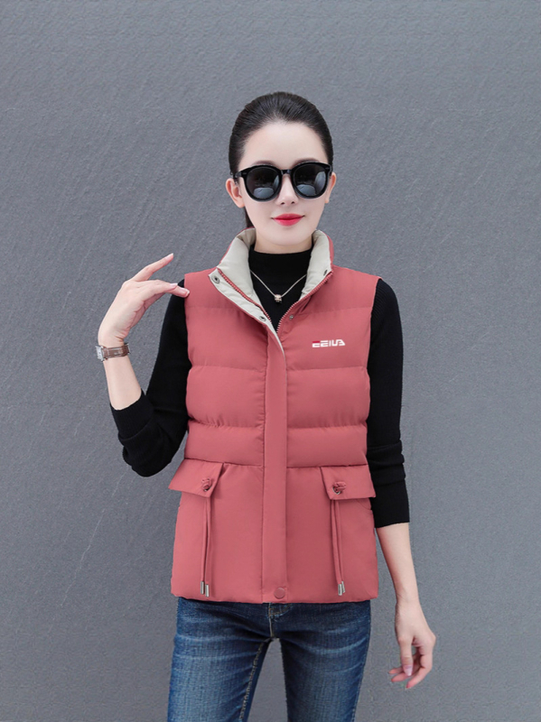 Ženski prsluk s pamukom punjenjem, poliester materijal, stojeći ovratnik, srednja duljina