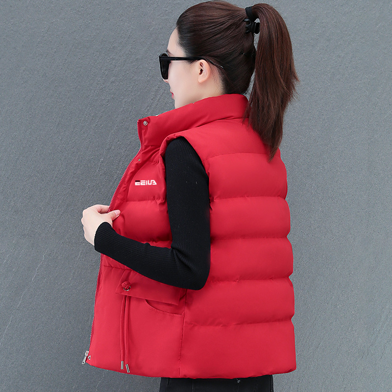 Ženski prsluk s pamukom punjenjem, poliester materijal, stojeći ovratnik, srednja duljina