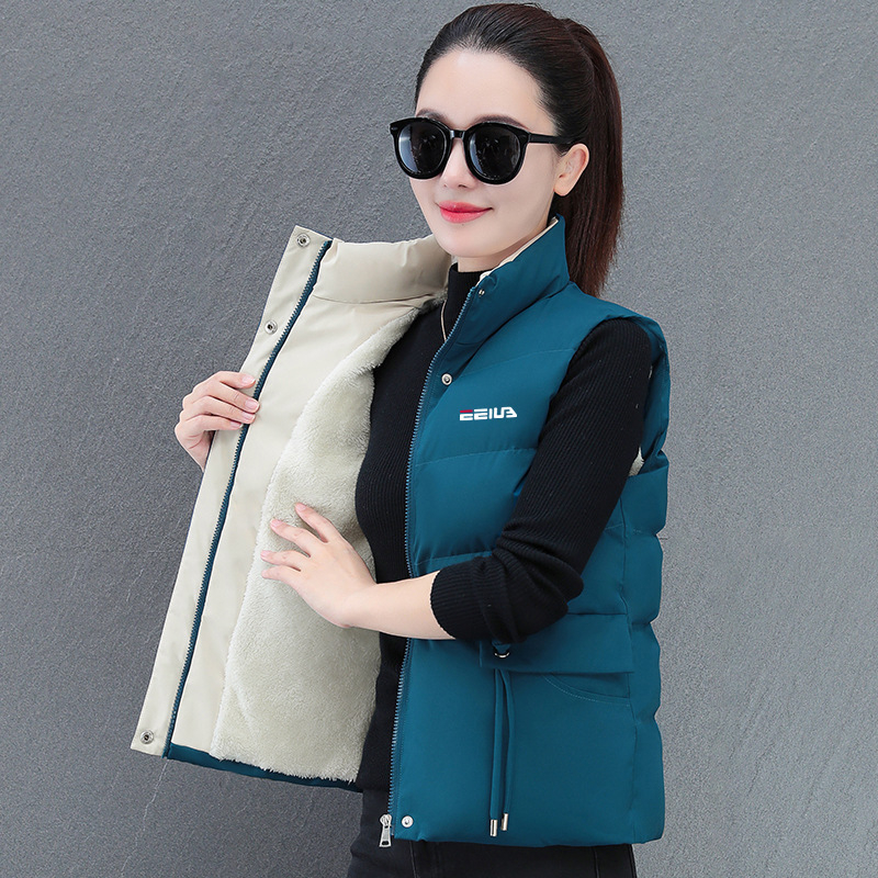 Ženski prsluk s pamukom punjenjem, poliester materijal, stojeći ovratnik, srednja duljina