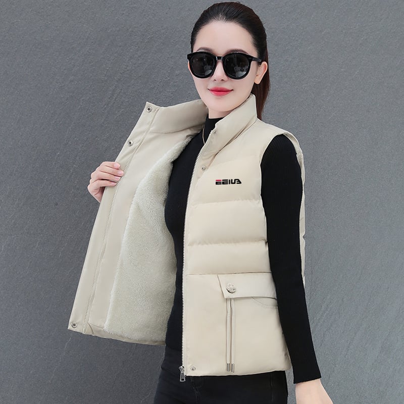 Ženski prsluk s pamukom punjenjem, poliester materijal, stojeći ovratnik, srednja duljina