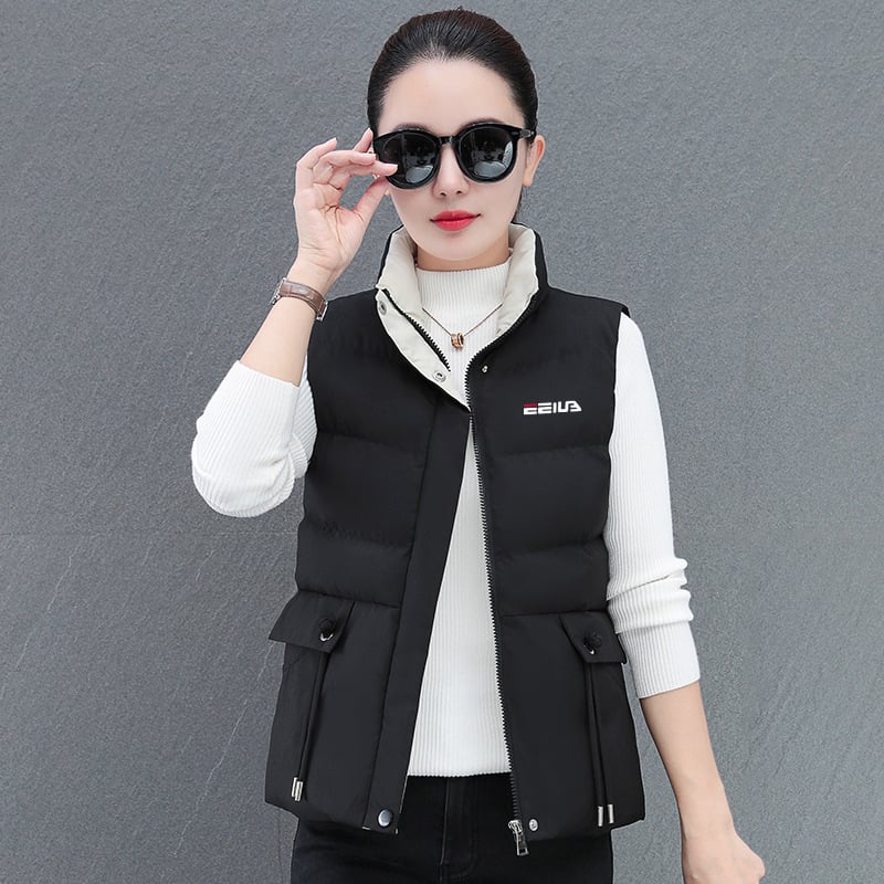 Ženski prsluk s pamukom punjenjem, poliester materijal, stojeći ovratnik, srednja duljina