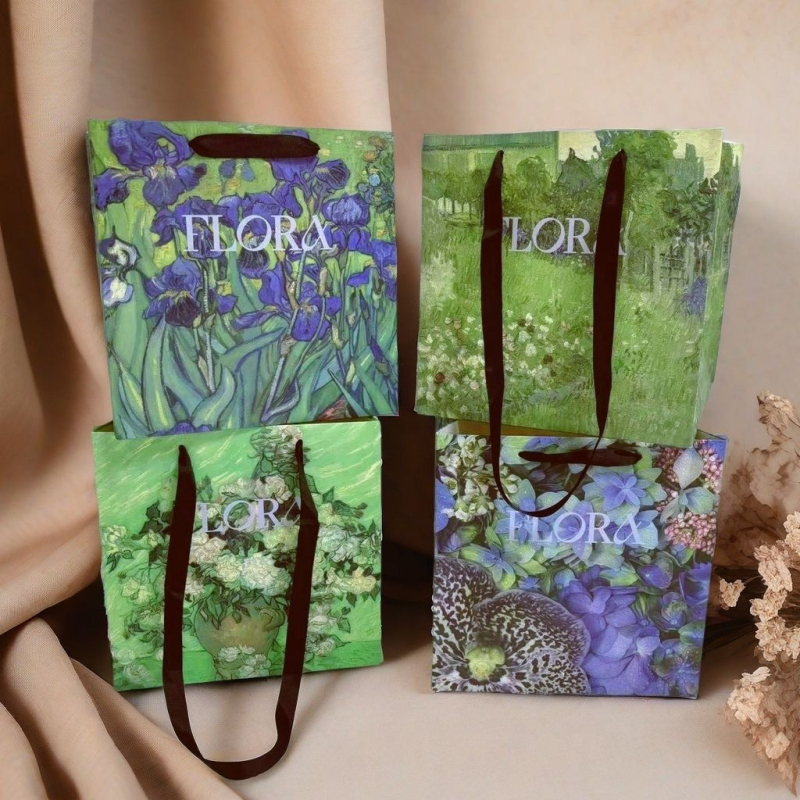 Papirnata vrećica za cvijeće u stilu ulja na platnu — kvadratna ručna torba za pakiranje, materijal Jammed (Specifikacije: 30 dostupnih paketa, 10 probnih paketa, 50 veleprodajnih paketa, 100 komada za velike cvjećarne)